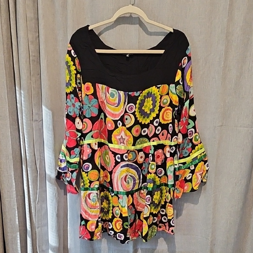 Belize Black Multicolor Design Lightweight Flowy Tunic Top/Mini Dress